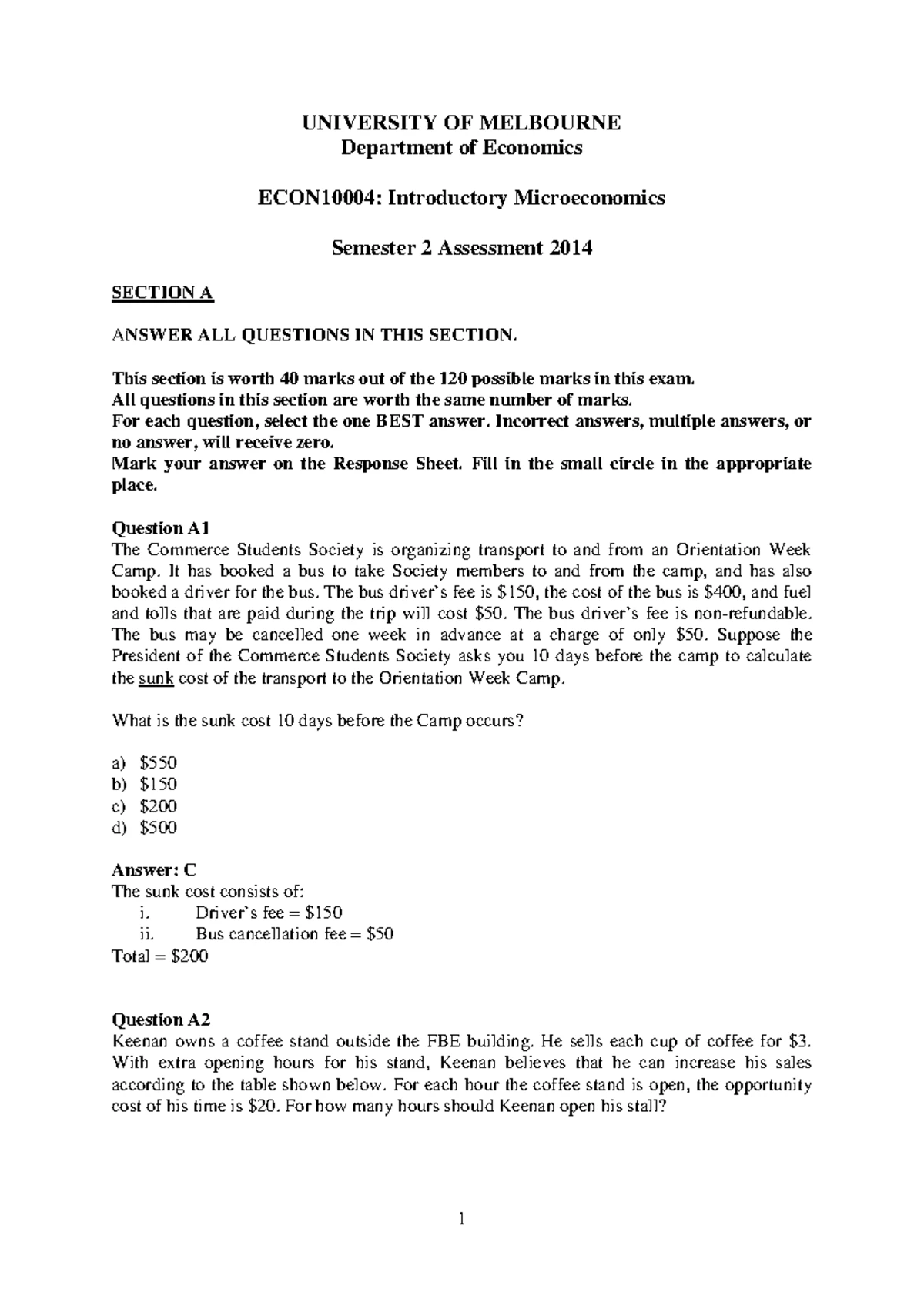 2025 SEM 1 Introductory Microeconomics Final Exam Practice Questions ...
