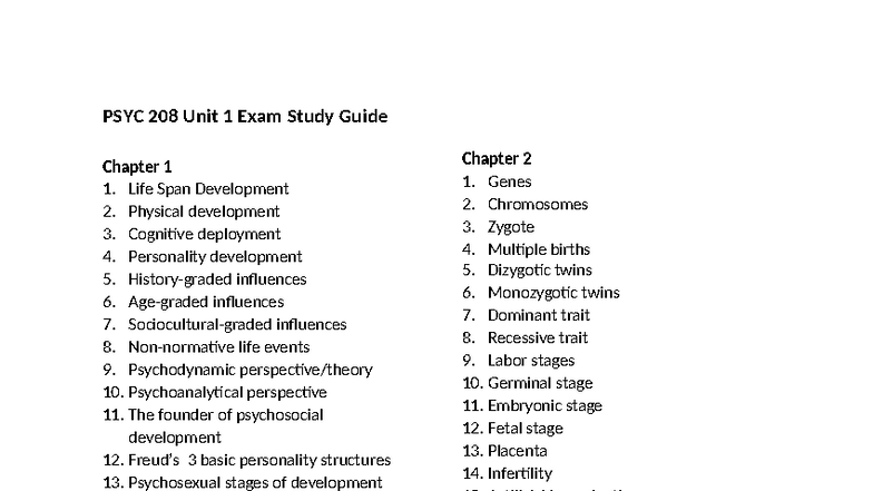 PSYC 208 Unit 1 Exam Study Guide: Life Span & Development Concepts ...