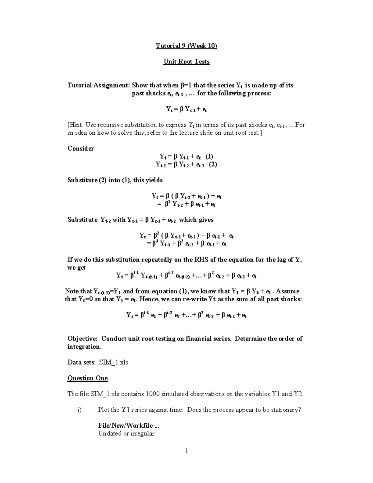 Tut9Sol - Tut 9 - Tutorial 9 (Week 10) Unit Root Tests Tutorial ...
