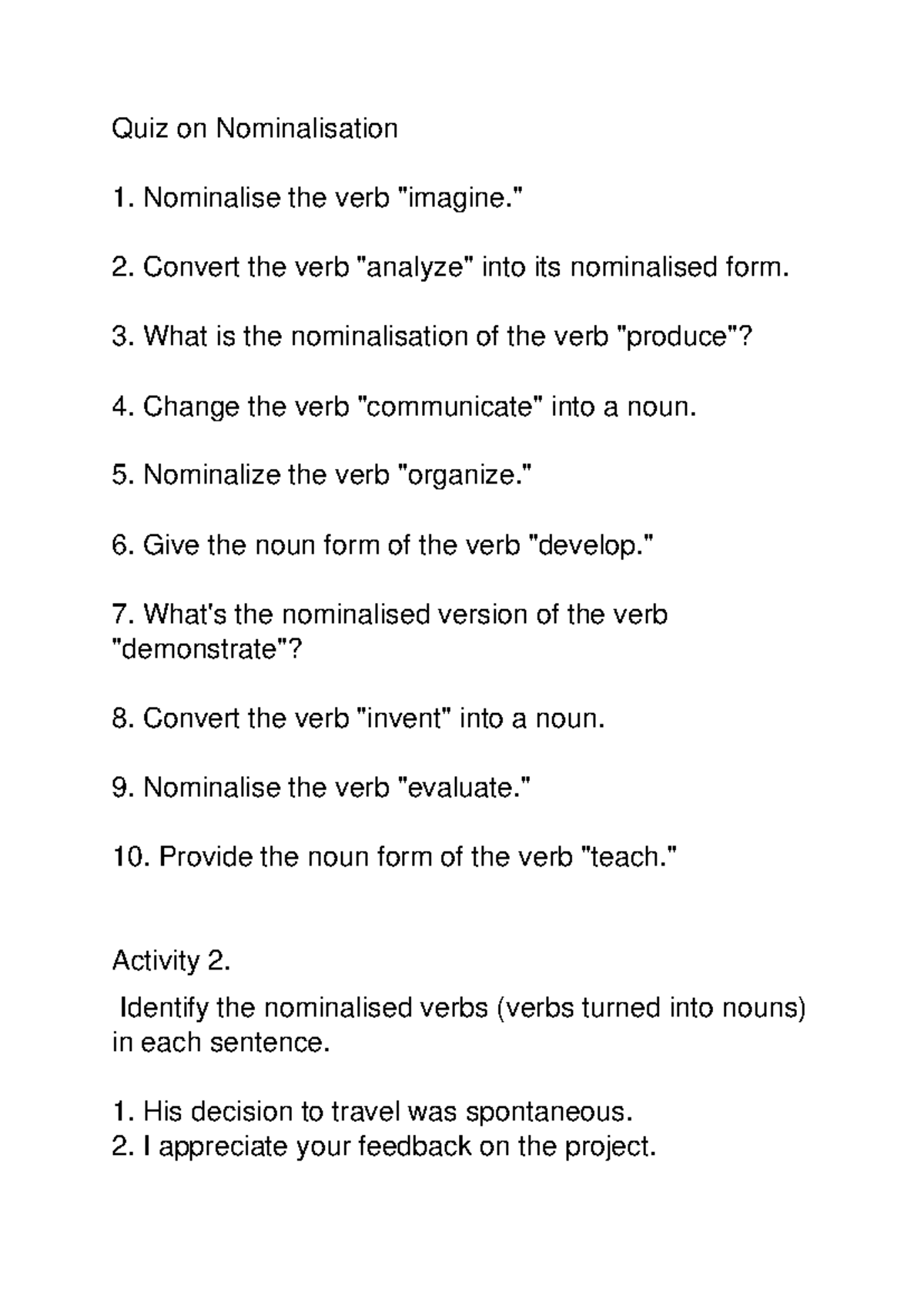6114 Quiz on Nominalisation of Verbs and Adjectives - Studocu