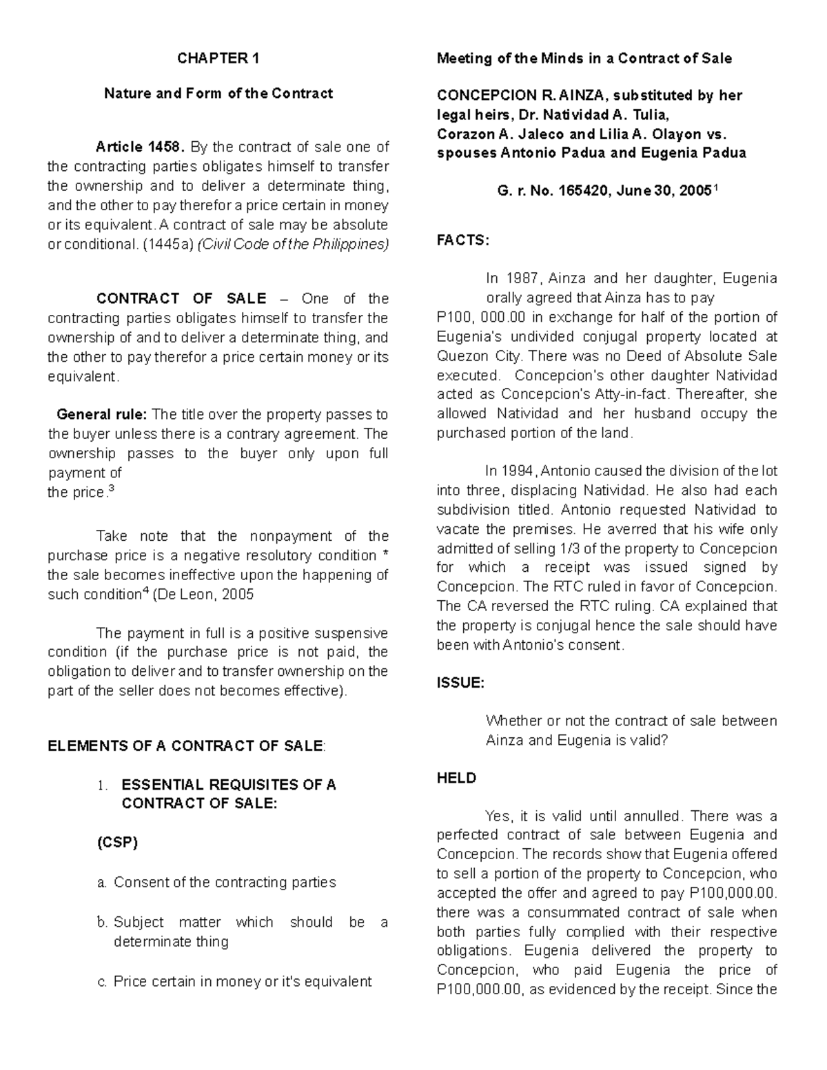 Chapter 1 - Nature and Form of the Contract: Sale Basics (Law 101 ...