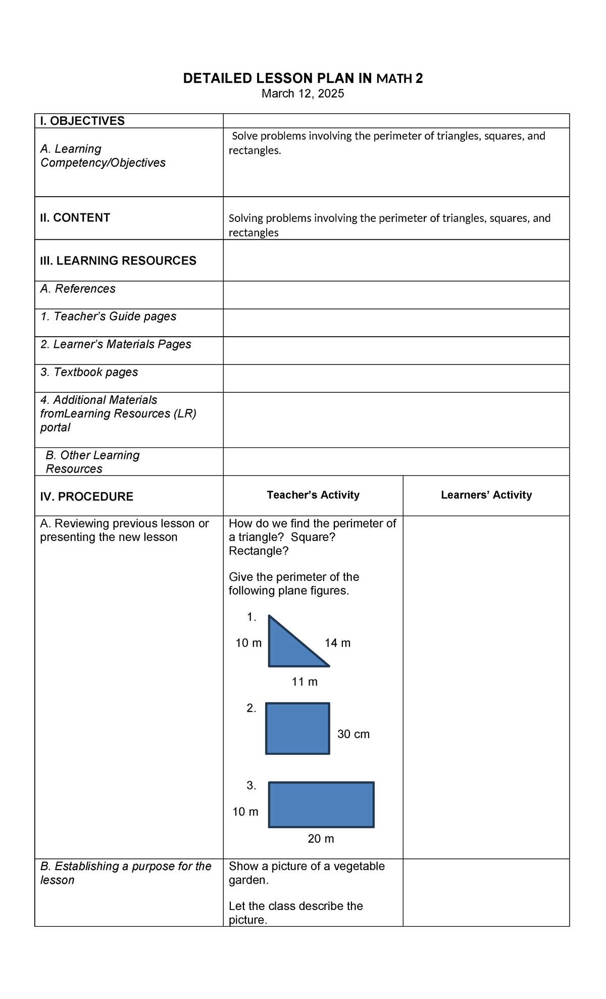 MATH-031226: Detailed Lesson Plan on Perimeter in Math 2 - Studocu