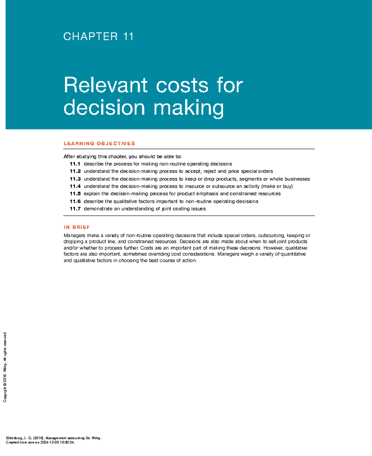 Management Accounting 3E - Chapter 11: Relevant Costs in Decision ...