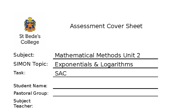 2021 Mathematical Methods Unit 2 SAC - Exponentials & Logarithms Logs ...
