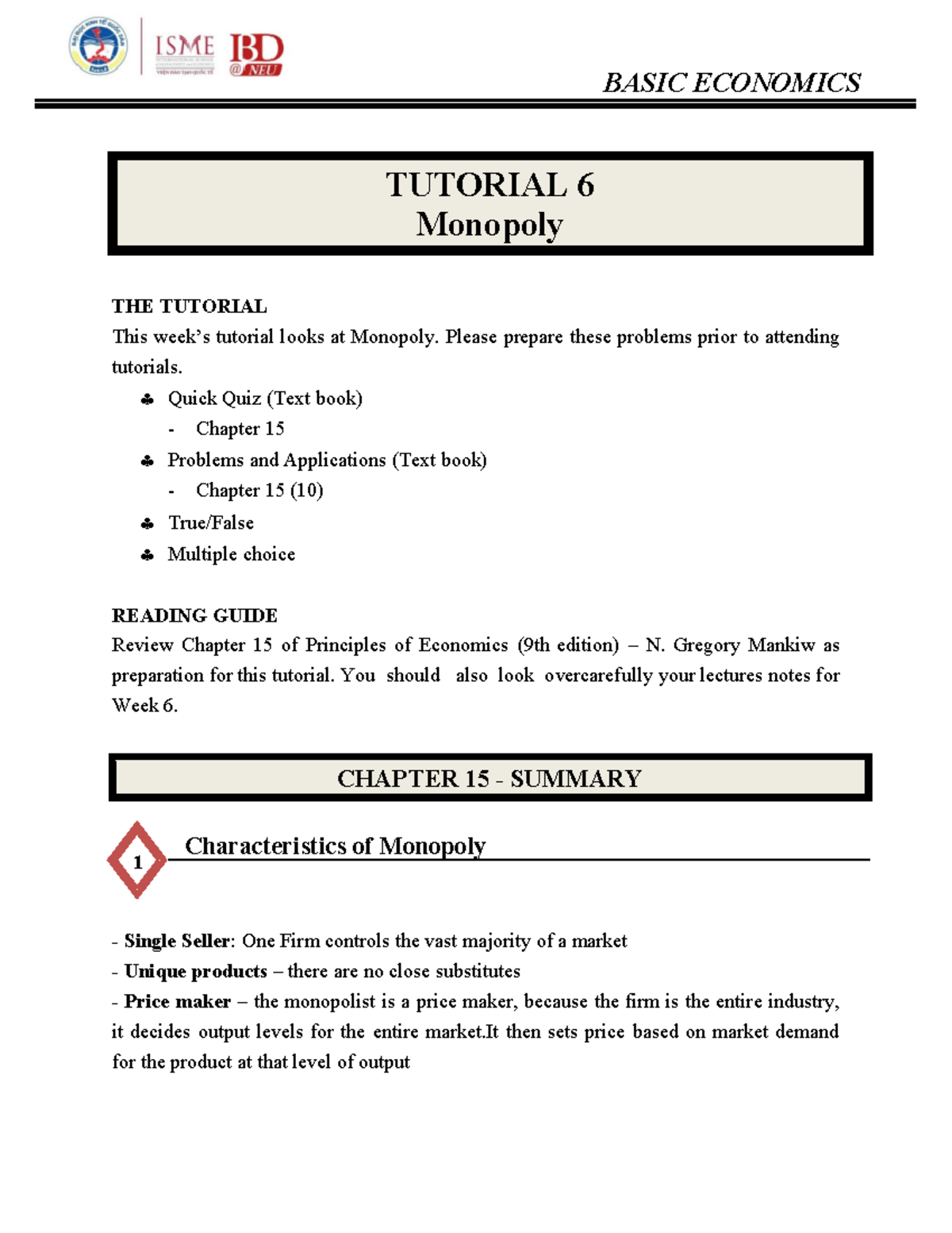 Tutorial 6- STU - Slide BE - TUTORIAL 6 Monopoly THE TUTORIAL This week ...