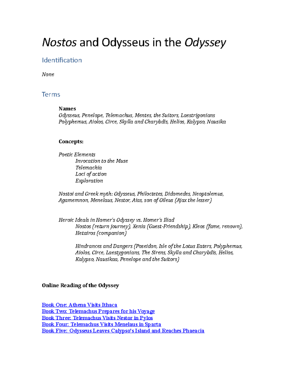 Nostos and Odysseus: Key Concepts in the Odyssey Analysis Worksheet ...