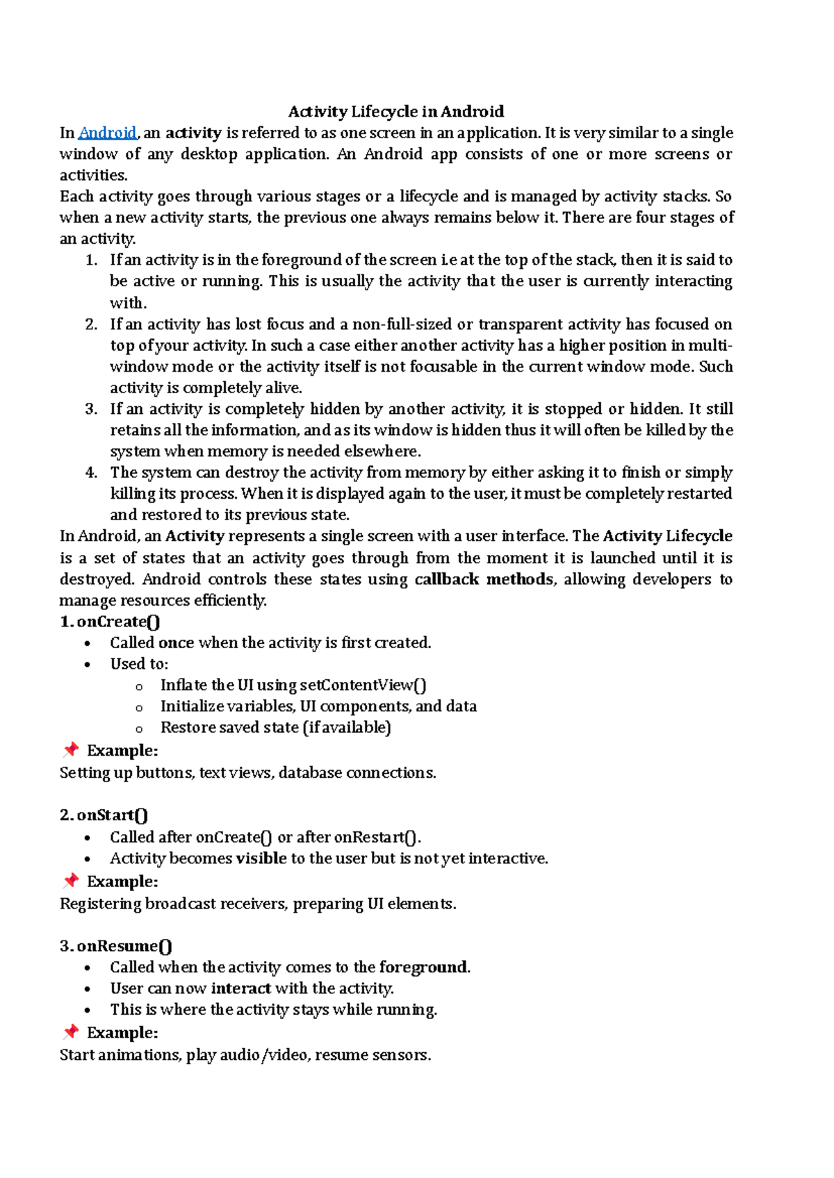 Activity Lifecycle in Android: Understanding States and Intents - Studocu