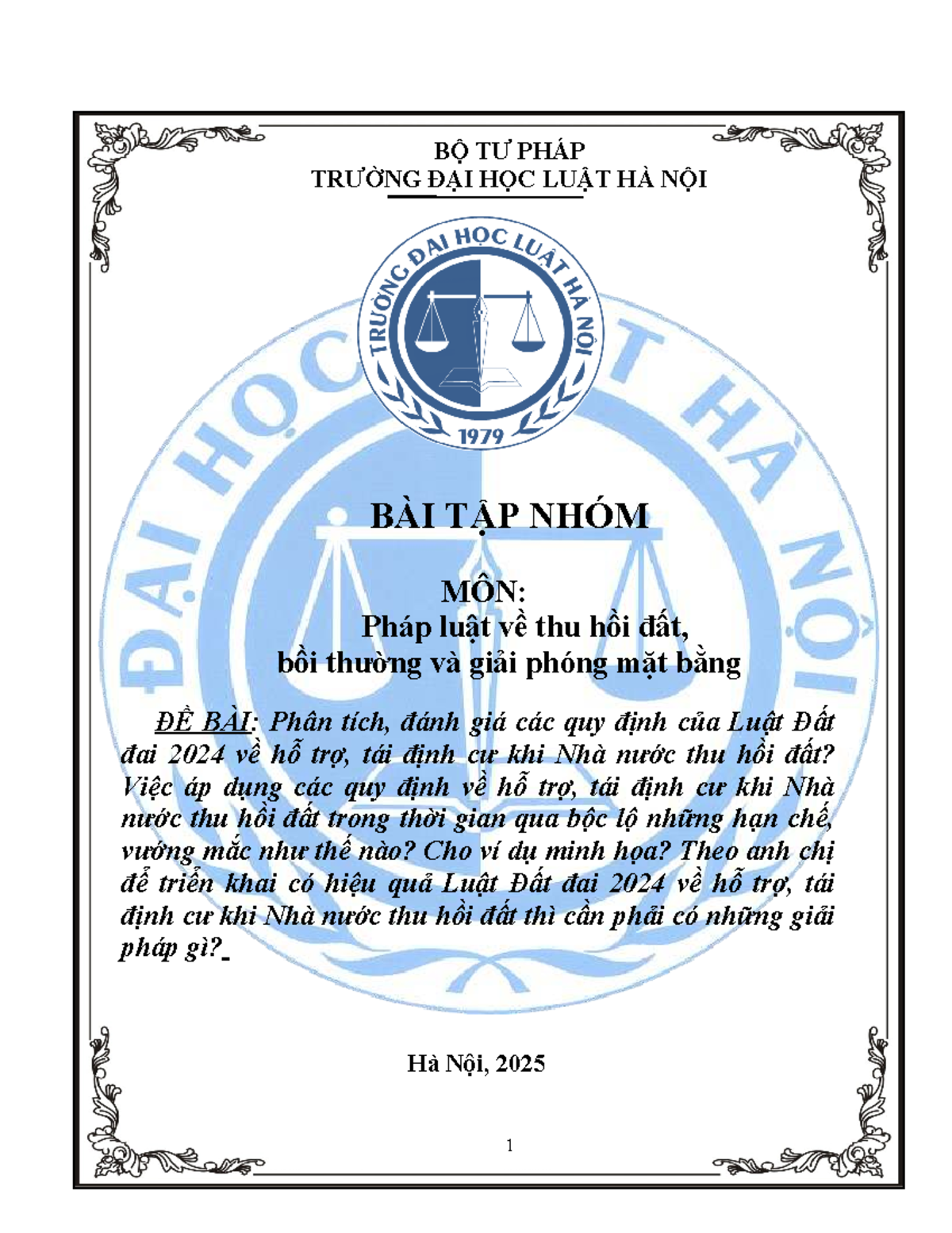 Bài Tập Nhóm Môn: Pháp Luật về Thu Hồi Đất và Giải Phóng Mặt Bằng (BTN PL) - Document Preview