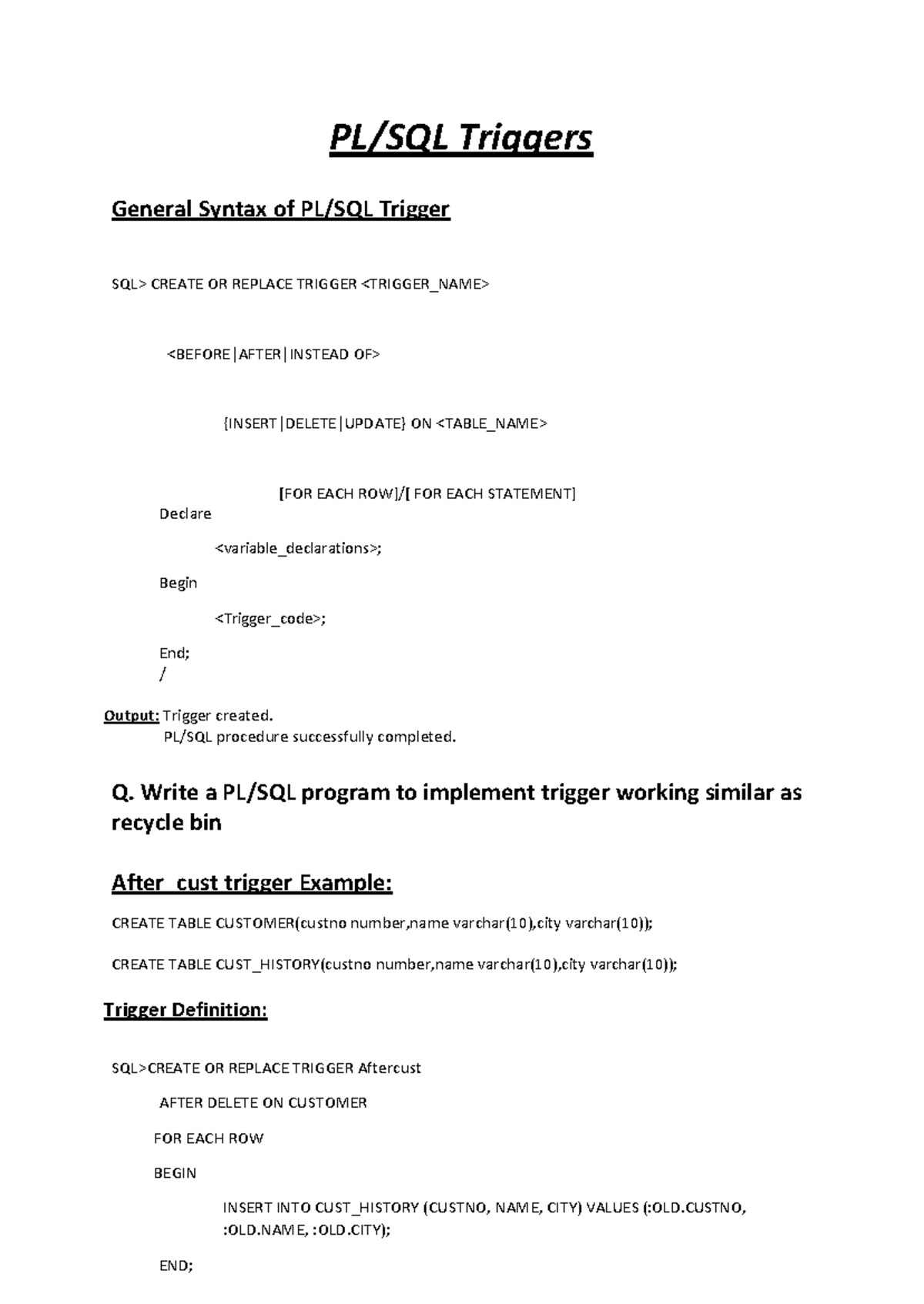 PL/SQL Triggers - Comprehensive Notes & Examples for Practice - Studocu