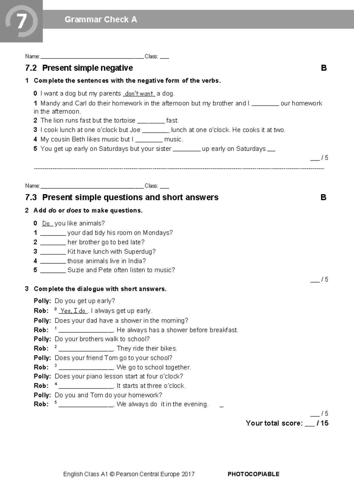 Grammar Check 7B - Present Simple Negatives & Questions - Studocu