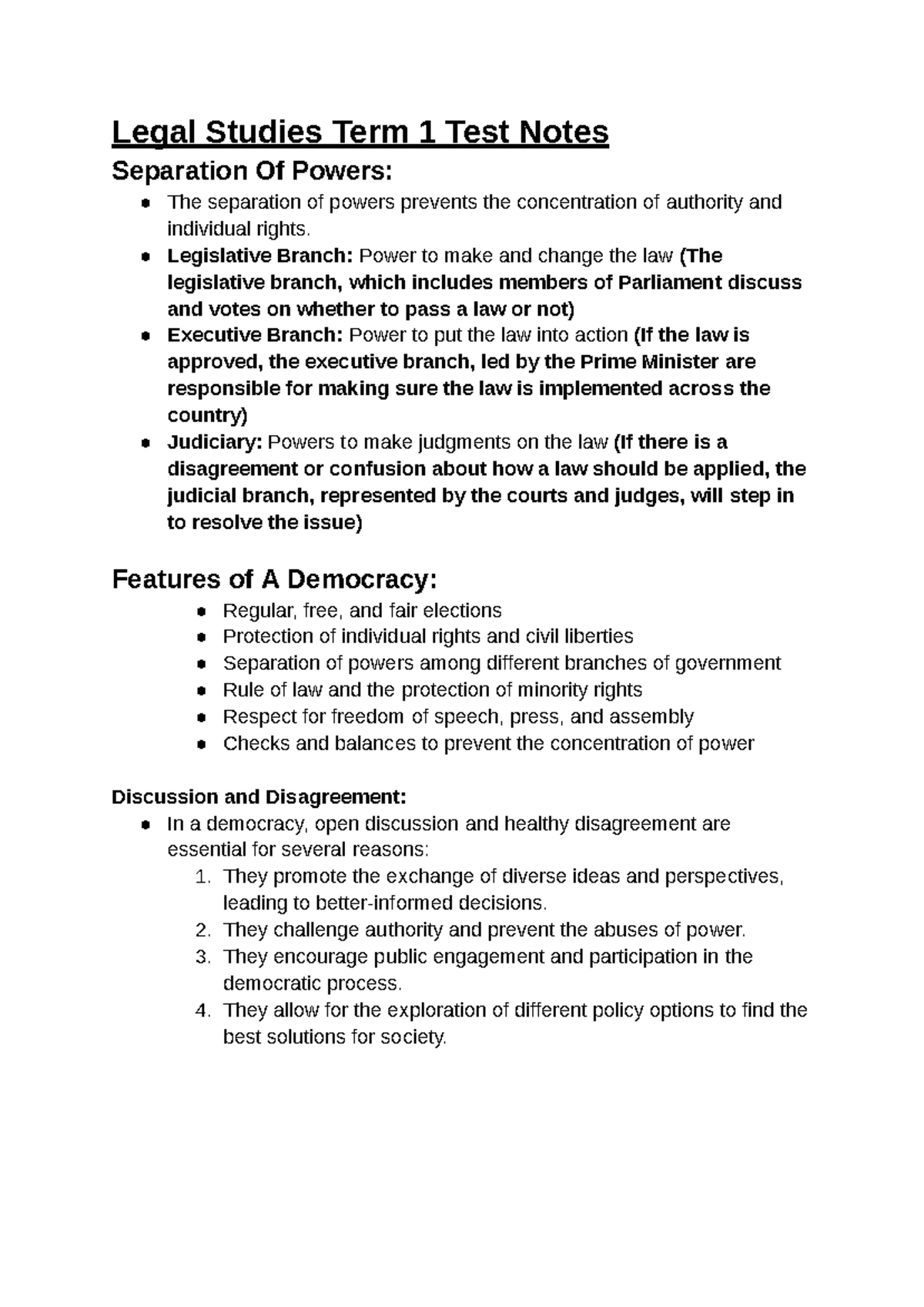Legal Studies Term 1 Test Notes: Separation of Powers Explained - Studocu