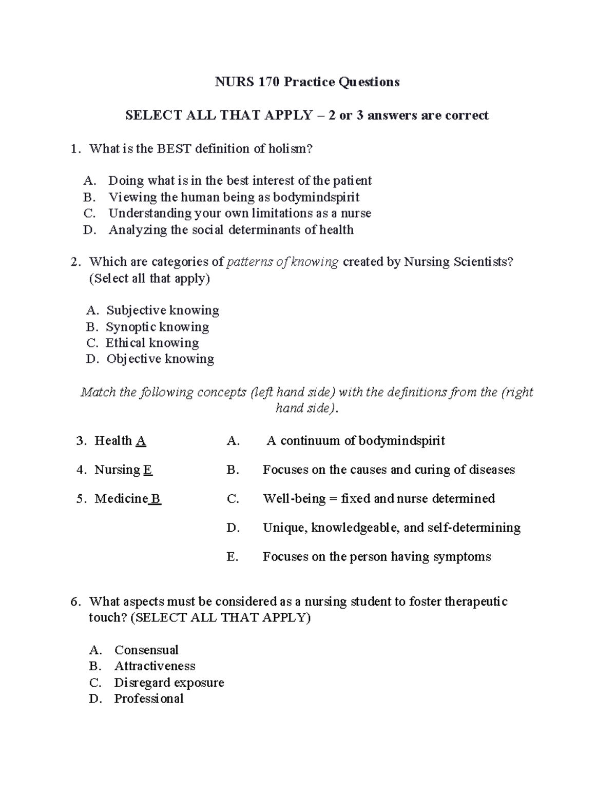 NURS 170 Midtrerm - Misterm review - NURS 170 Practice Questions SELECT ...