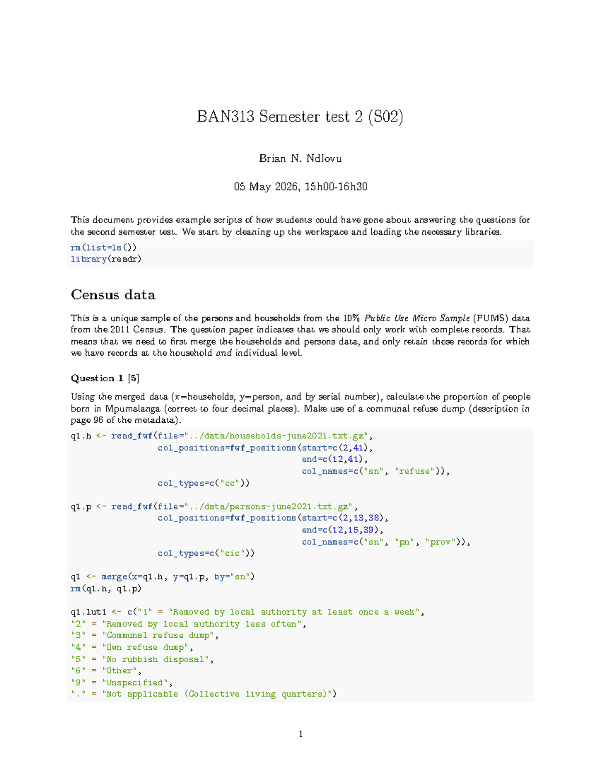 BAN313 S02 Semester Test 2 Memo - Example Solutions and Analysis - Studocu