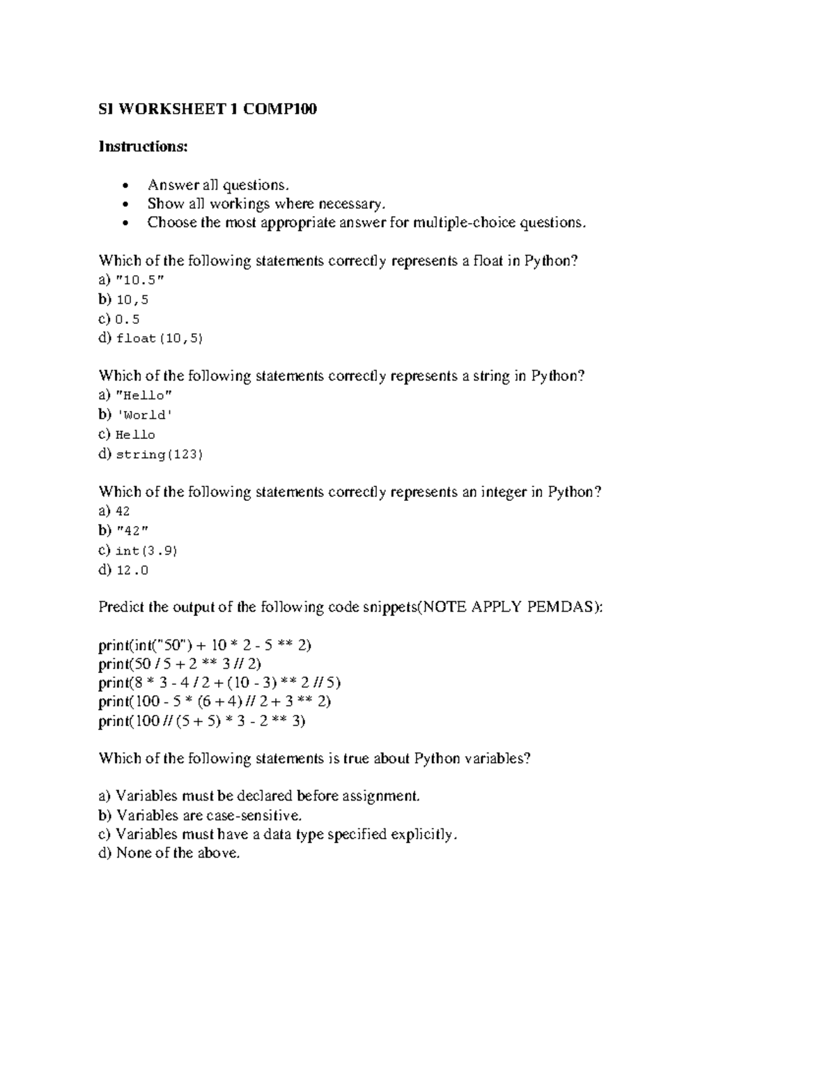 COMP100 SI Worksheet 1: Python Basics and Variable Types - Studocu
