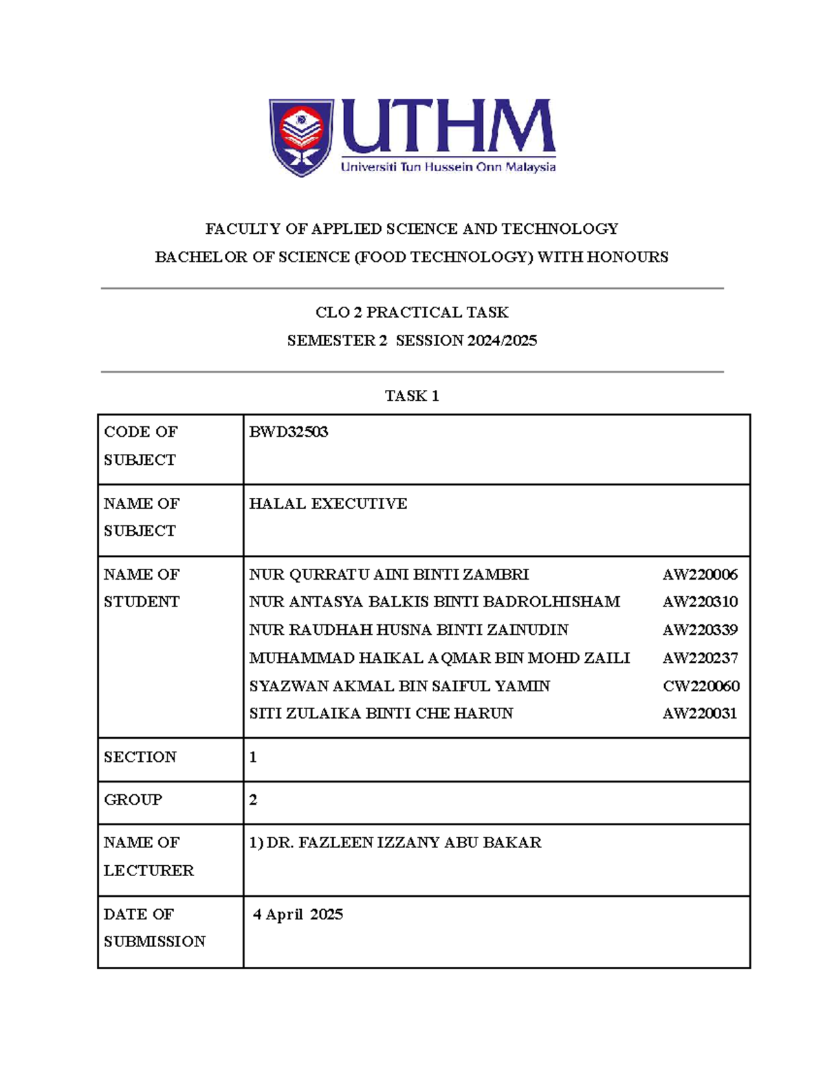 BWD32503 Practical Task 1: Halal Product Formulation & Safety - Studocu