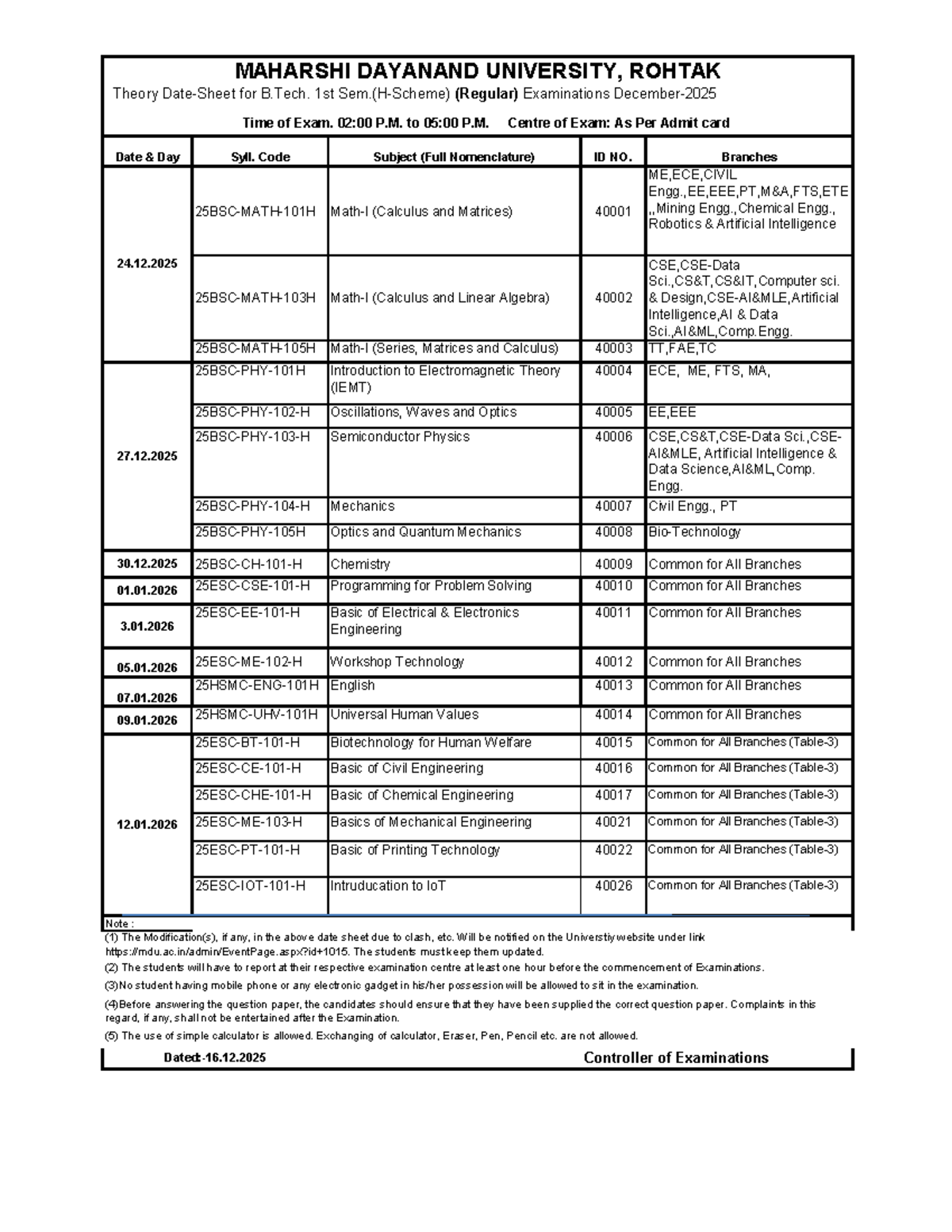 B.Tech 1st Sem Exam Schedule (H Scheme) Dec 2025 - Studocu