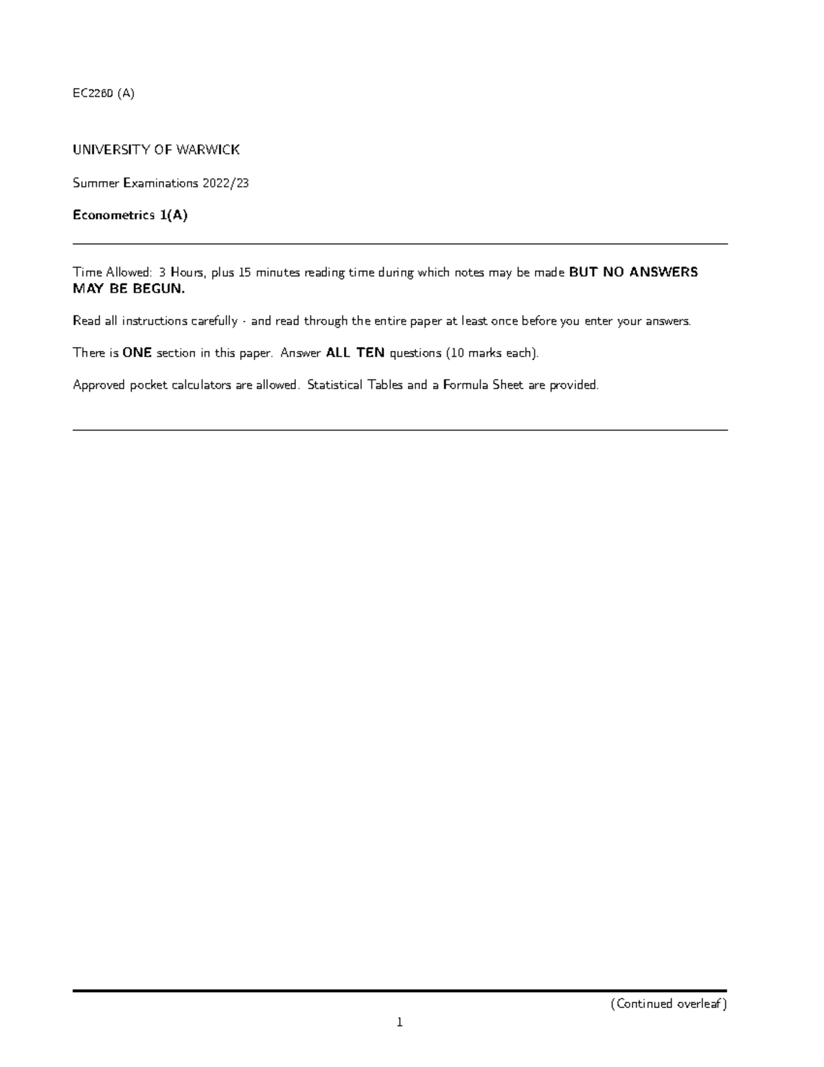 EC2260 (A) Econometrics 1(A) Summer Exam 2022/23 - 3 Hours Duration ...