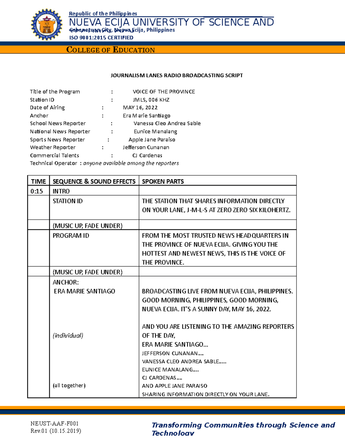 Broadcasting Script - JOURNALISM LANES RADIO BROADCASTING SCRIPT Title ...