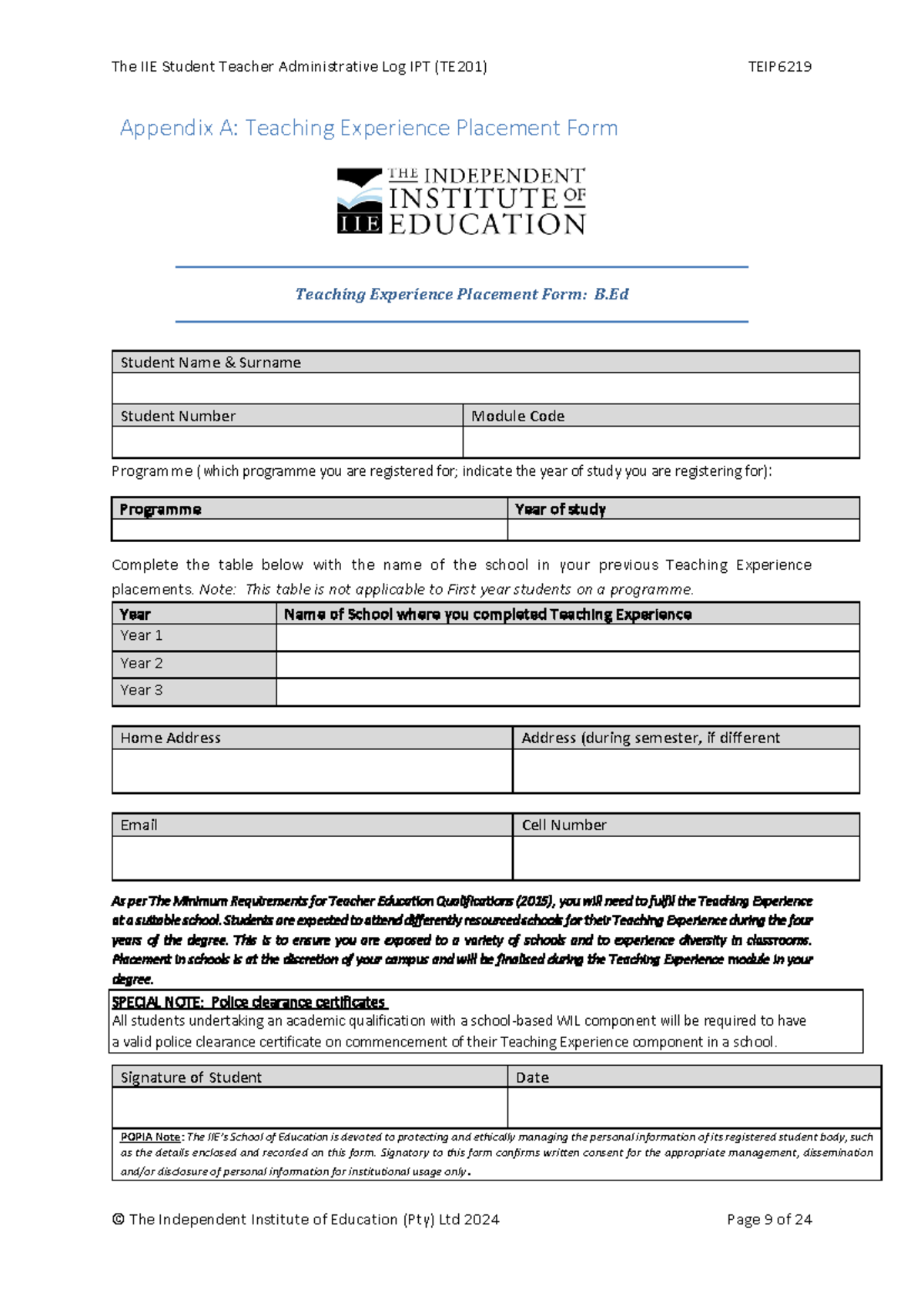 Teaching Experience Placement Form - TE201 & TEIP 6219 (2024) - Studocu