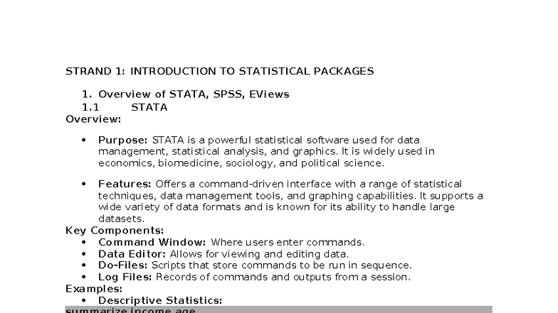 STRAND 1: INTRO TO STATISTICAL PACKAGES - STATA, SPSS, EViews Notes ...