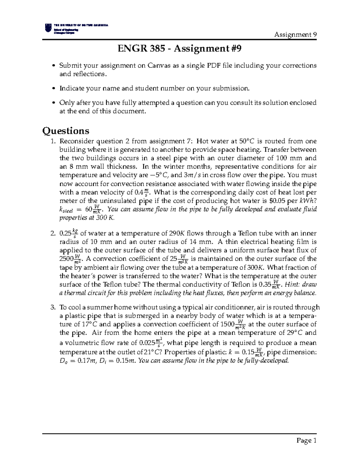 ENGR 385 Assignment 9: Heat Transfer Analysis and Solutions - Studocu