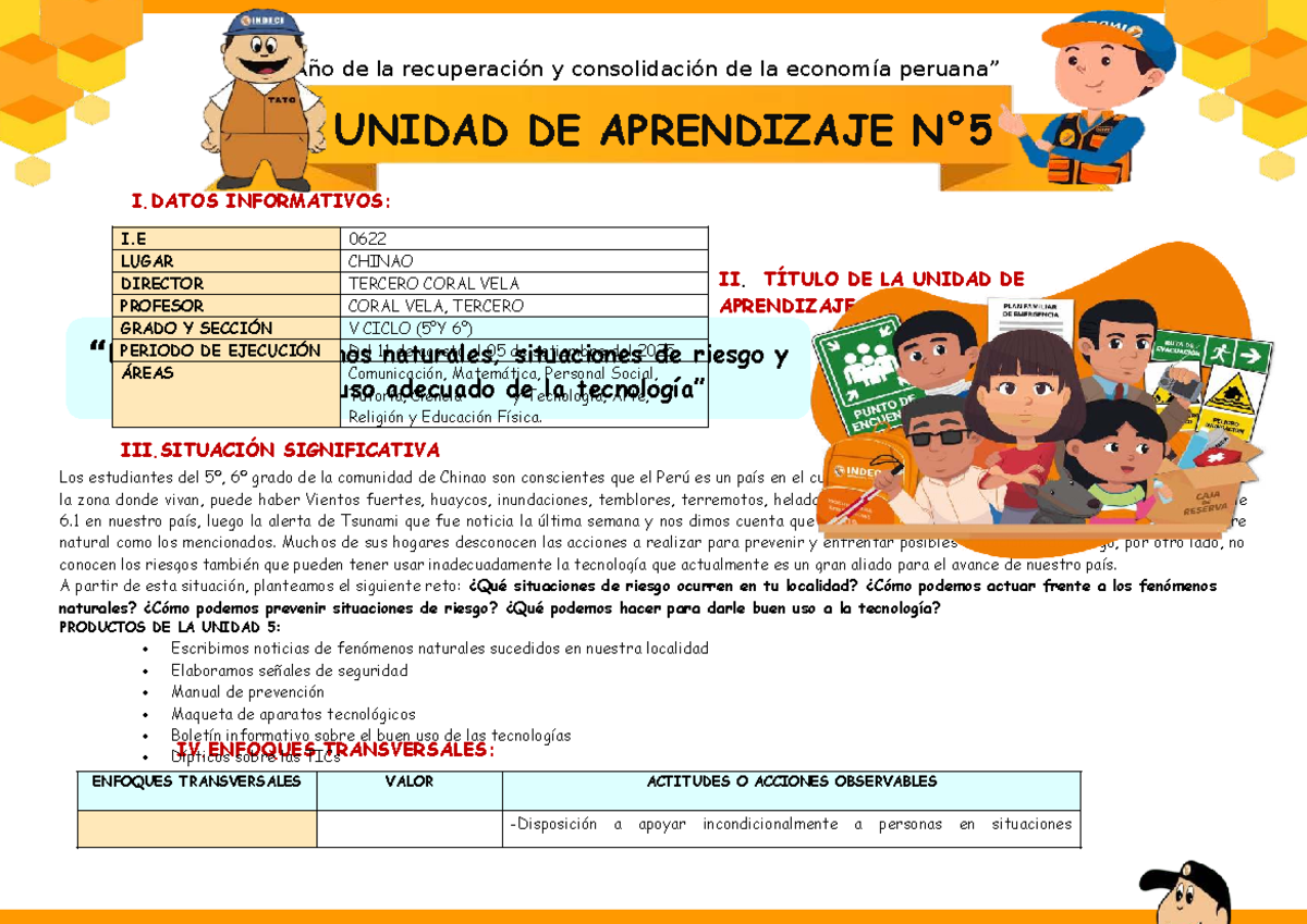 Unidad de Aprendizaje: Fenómenos Naturales y Riesgos - 5to Grado - Document Preview