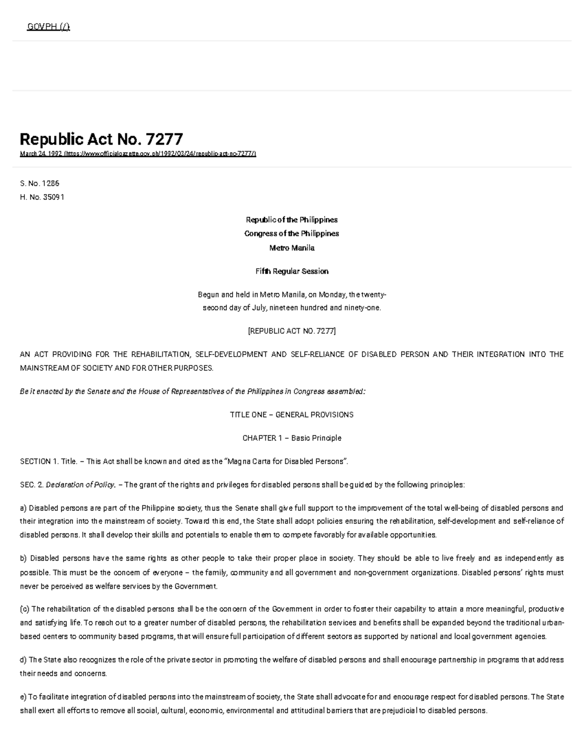 Republic Act No. 7277: Rehabilitation and Integration of Disabled ...