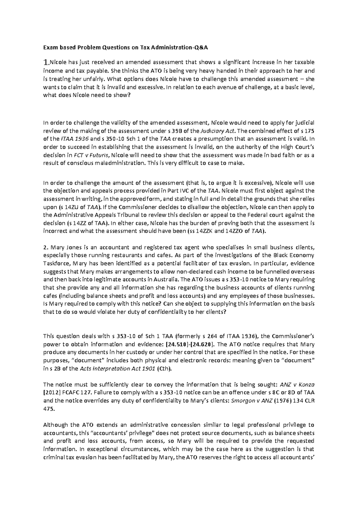 Exam based Problem Questions on Tax Administration and Avoidance - Exam ...