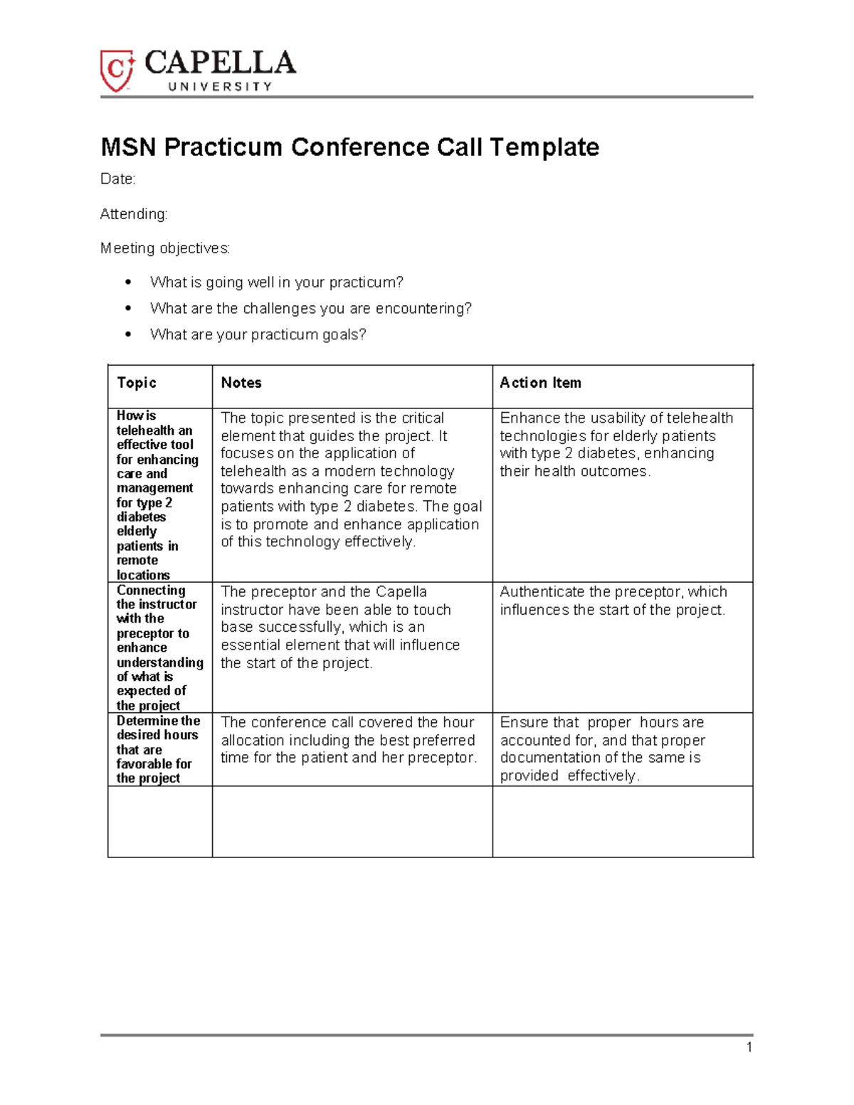 MSN 6222-1 Practicum Conference Call Template & Telehealth Insights ...