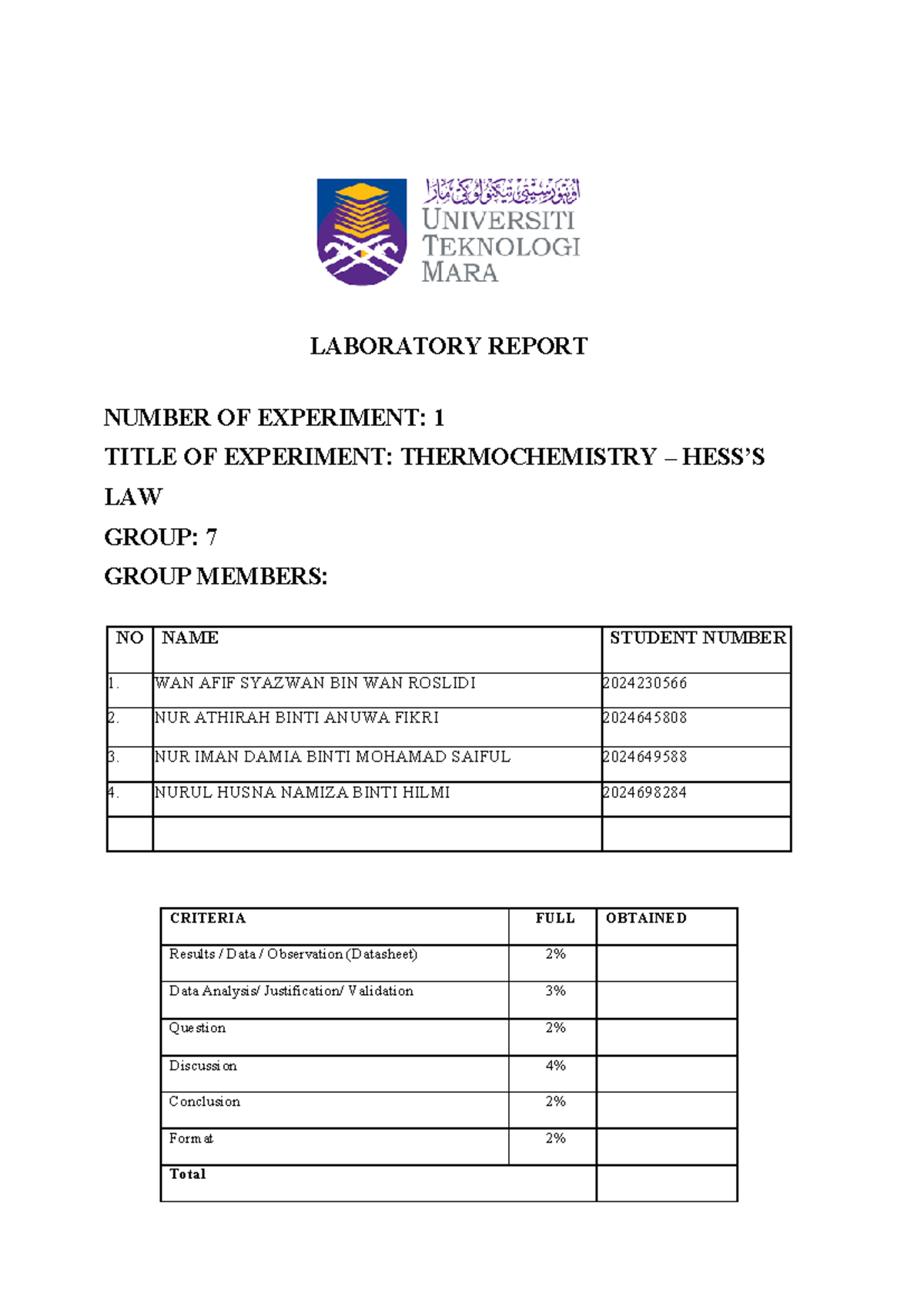 Lab Report CHM 271: Thermochemistry - Hess's Law Experiment 1 - Studocu