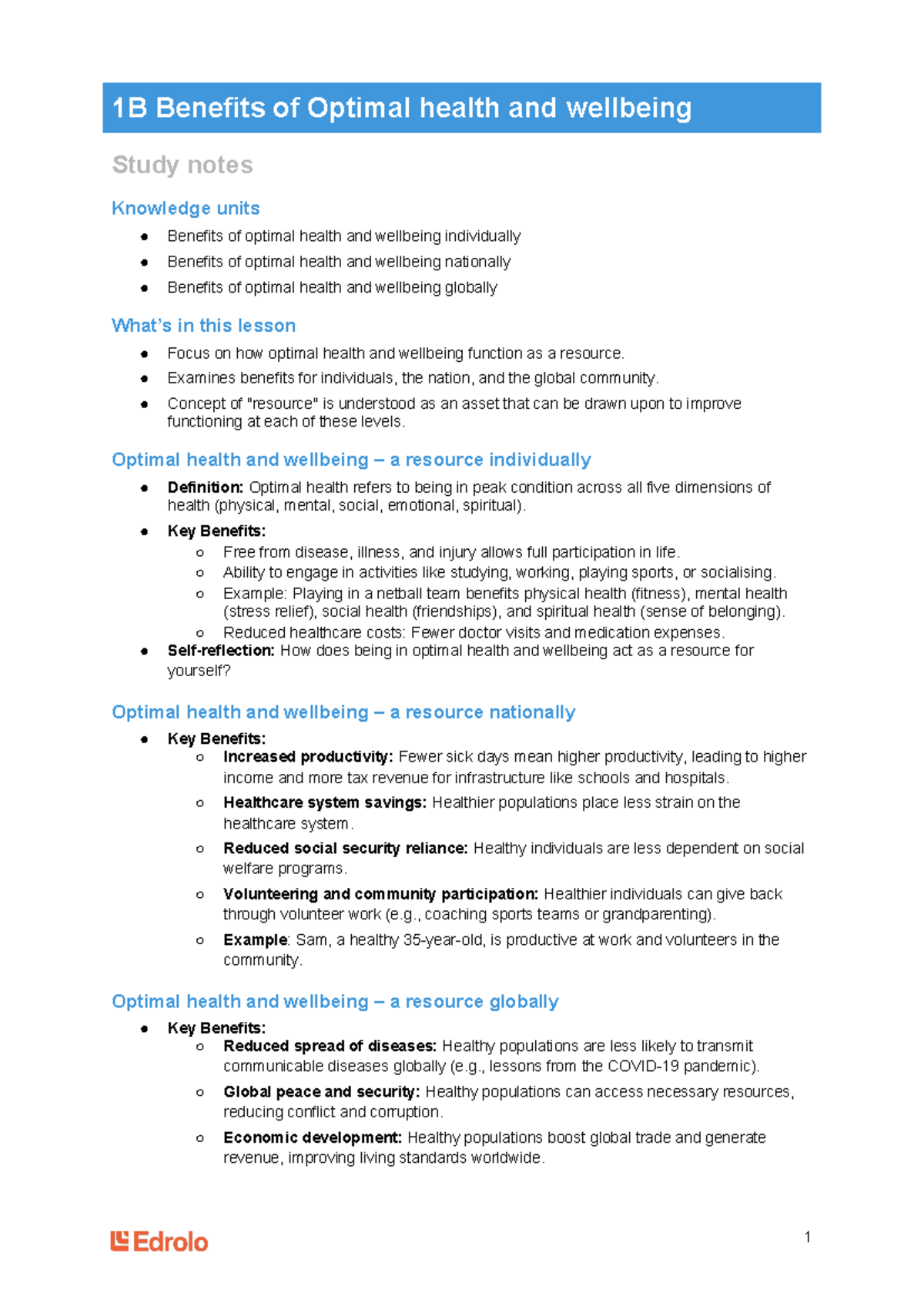 1B Benefits of Optimal health and wellbeing - Study notes - 1B Benefits ...