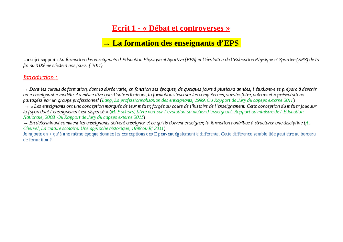 La formation des enseignants en EPS : Débats et évolutions (2011) - Studocu