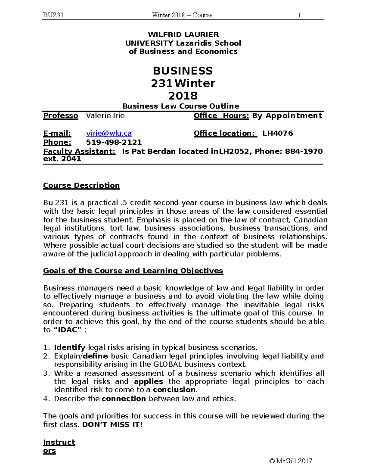 Business Law (BU-231) Course Syllabus - Fall 2023 Overview - Studocu