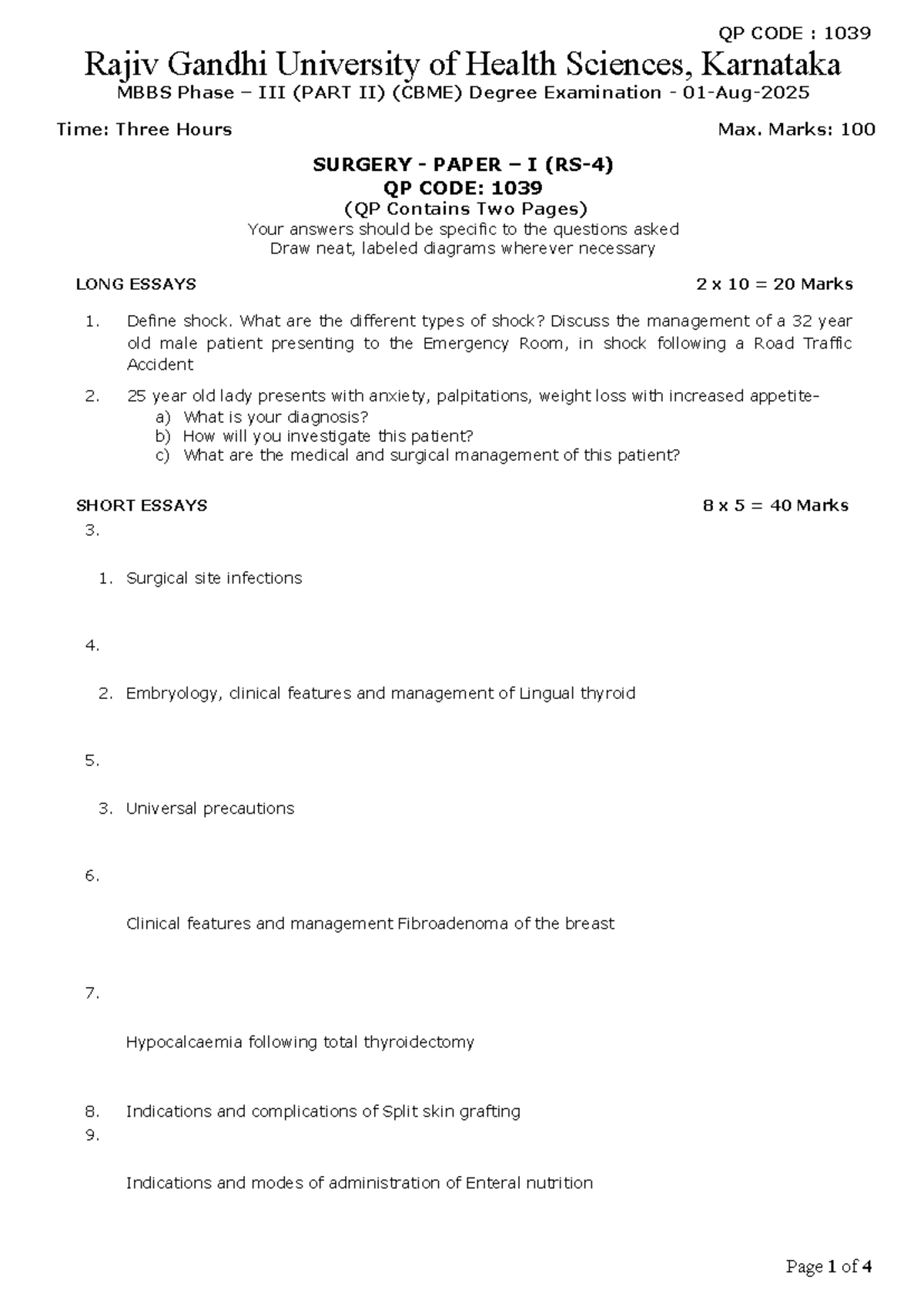 MBBS 1039 - General Surgery - Theory Paper 1 (July 2025) - Studocu