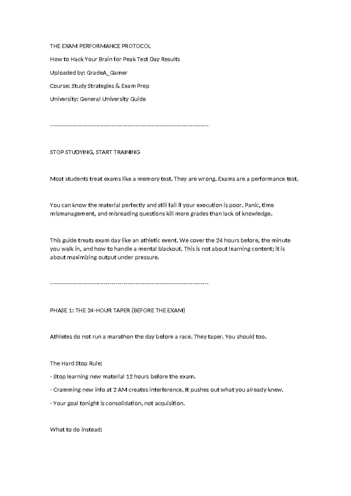 Exam Performance Protocol: Strategies for Peak Test Day Results - Studocu