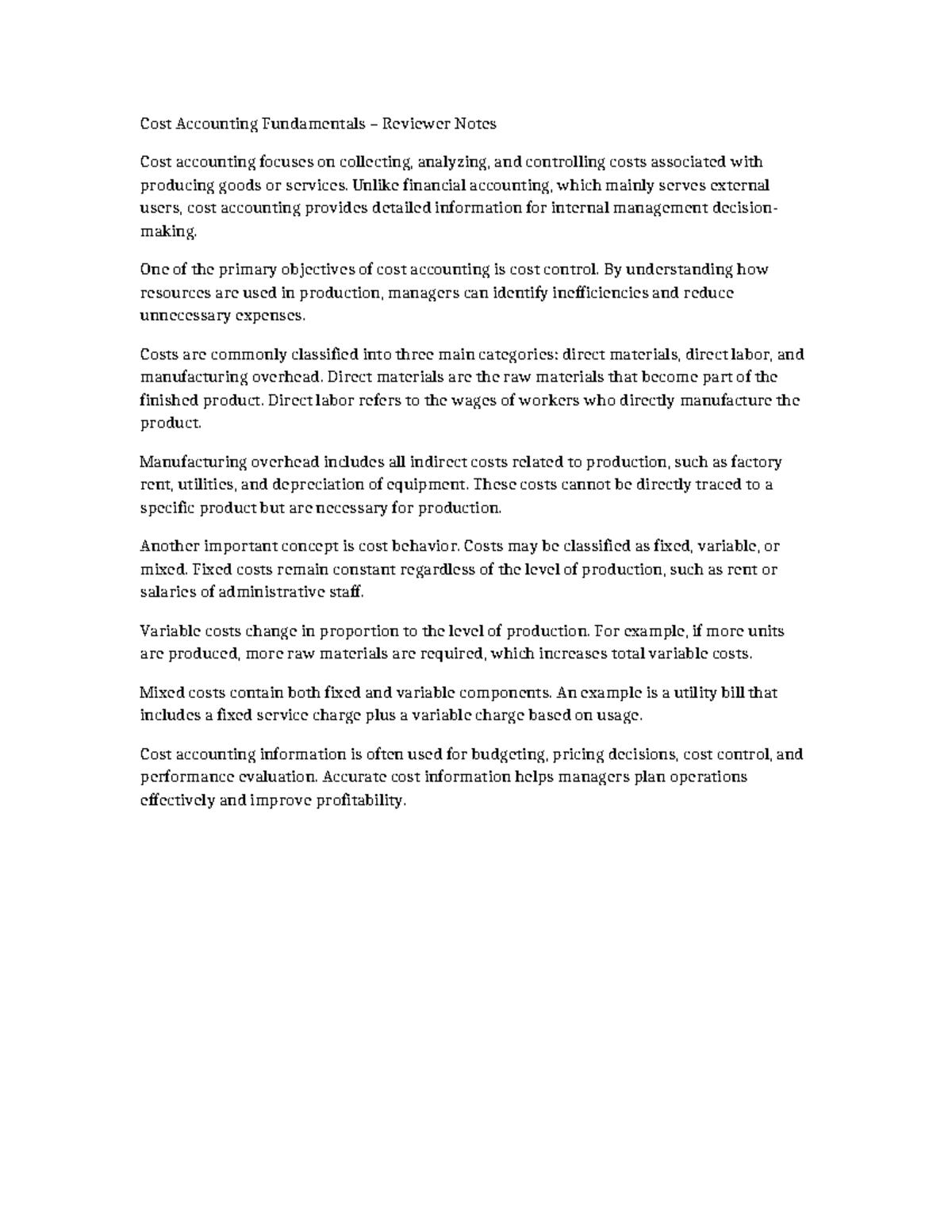 Cost Accounting Fundamentals: Key Concepts & Review Notes - Studocu