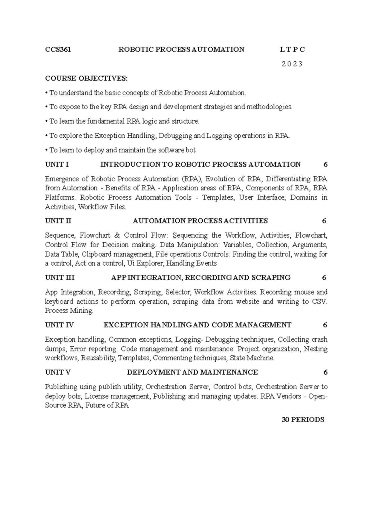 CCS361 Robotic Process Automation Syllabus 2023 - Studocu