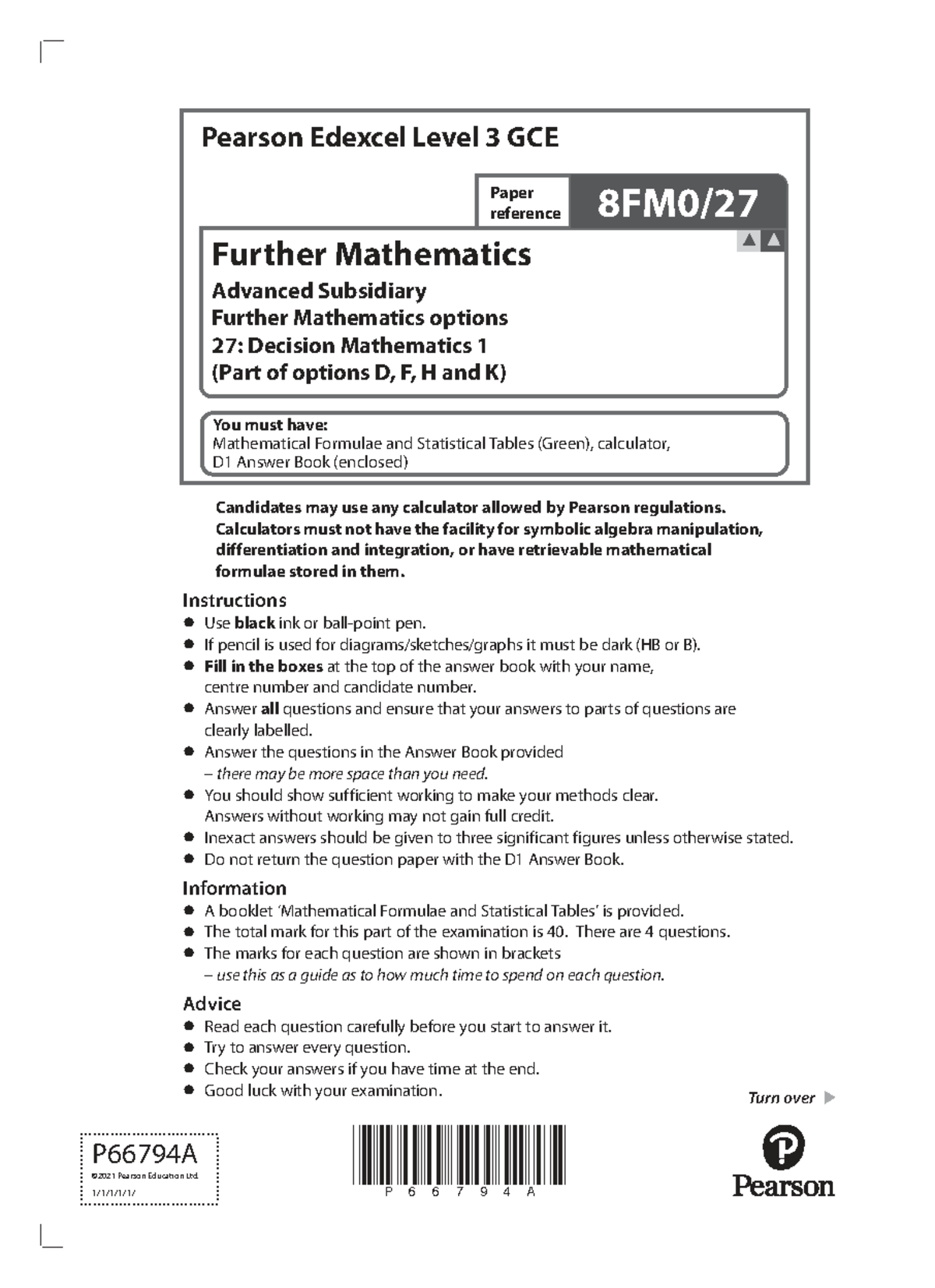 Further Mathematics AS 8FM0 D1 Exam Paper 2021: Decision Mathematics 1 ...