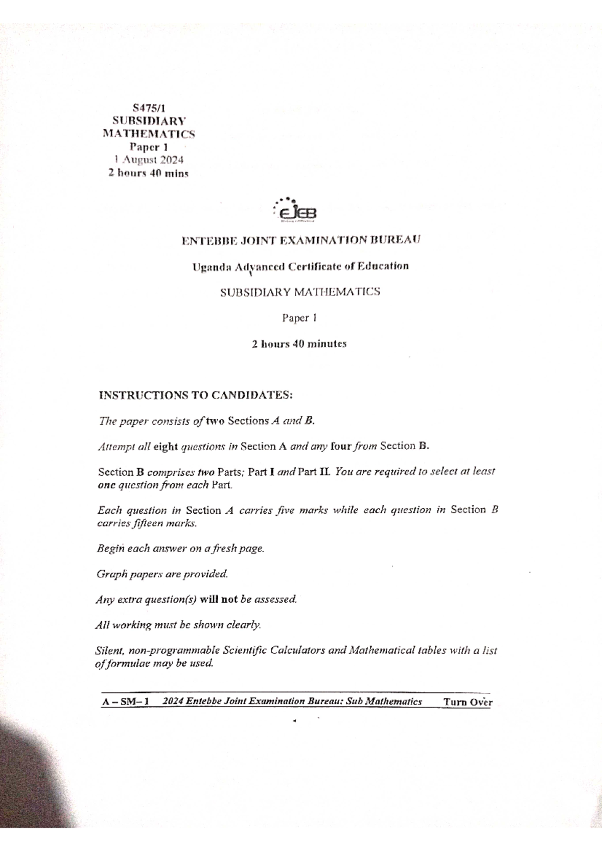 SUB Math EJEB 2024 - Comprehensive Sample Paper for Exam Prep - Studocu