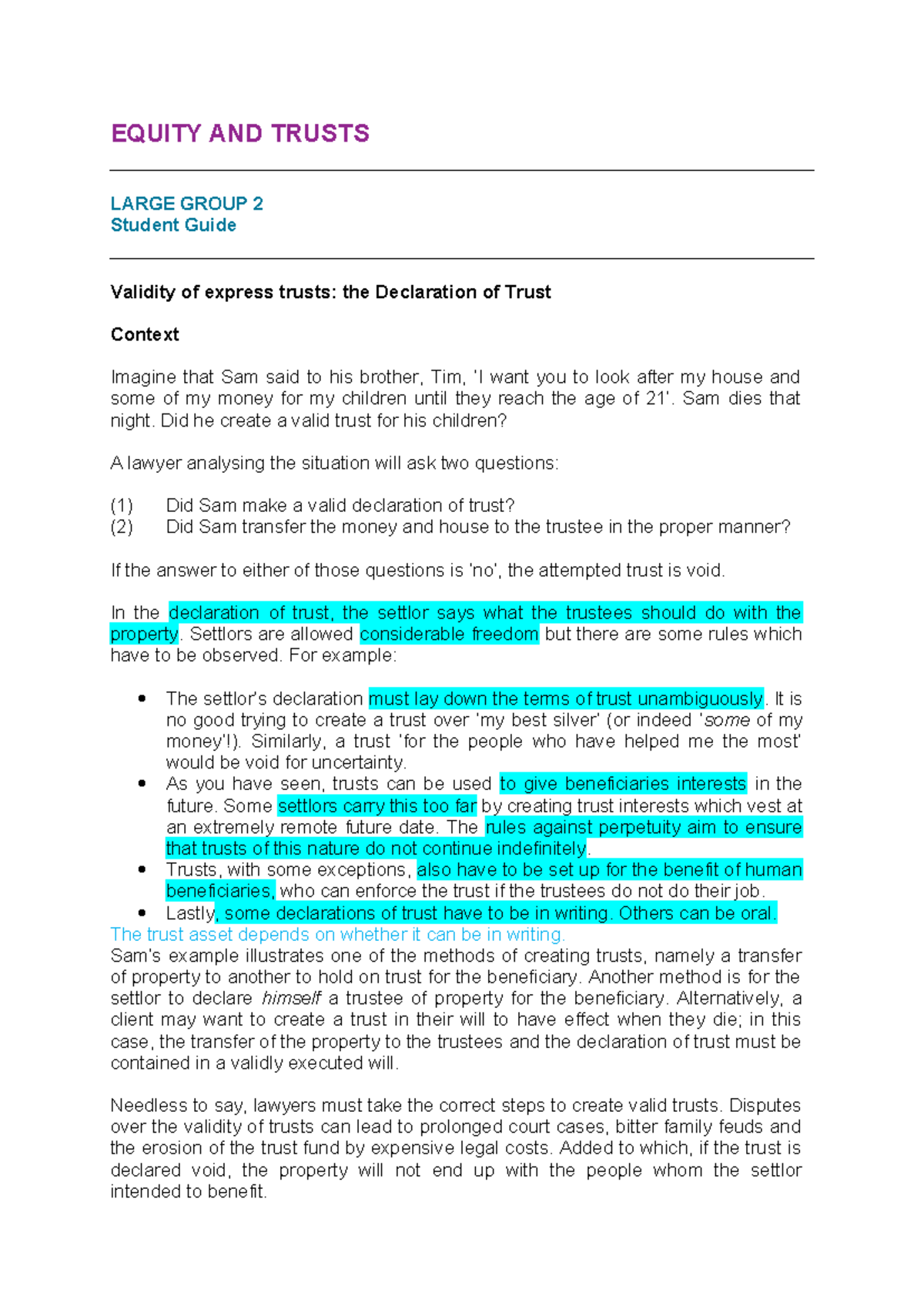 EQUITY AND TRUSTS LG2 - Validity of Express Trusts: A Student Guide ...