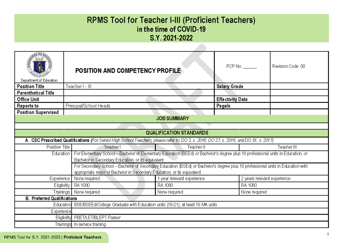 RPMS Tools FOR T1 TIII - 1 RPMS Tool for Teacher I-III (Proficient ...