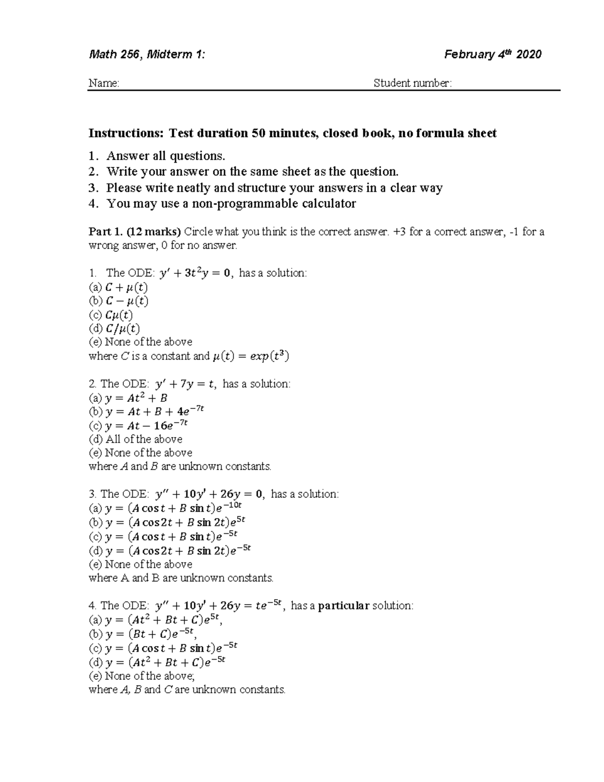 Math256 Midterm Exam 1 - February 4, 2020 Answers and Guidelines - Studocu