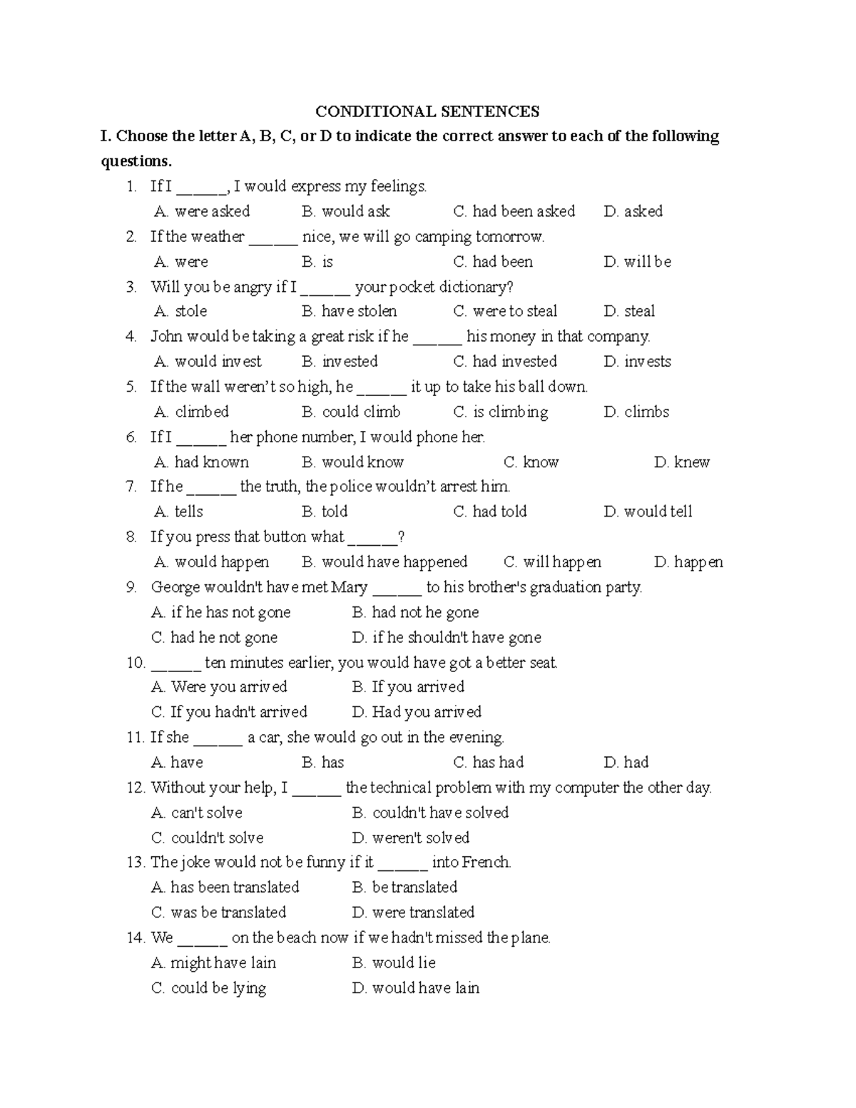 Conditional Sentences Practice Questions and Answers - Studocu