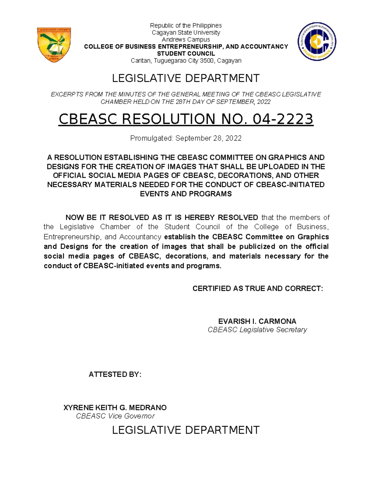 CBEASC Resolution No. 04-2223: Establishment of Graphics & Designs ...