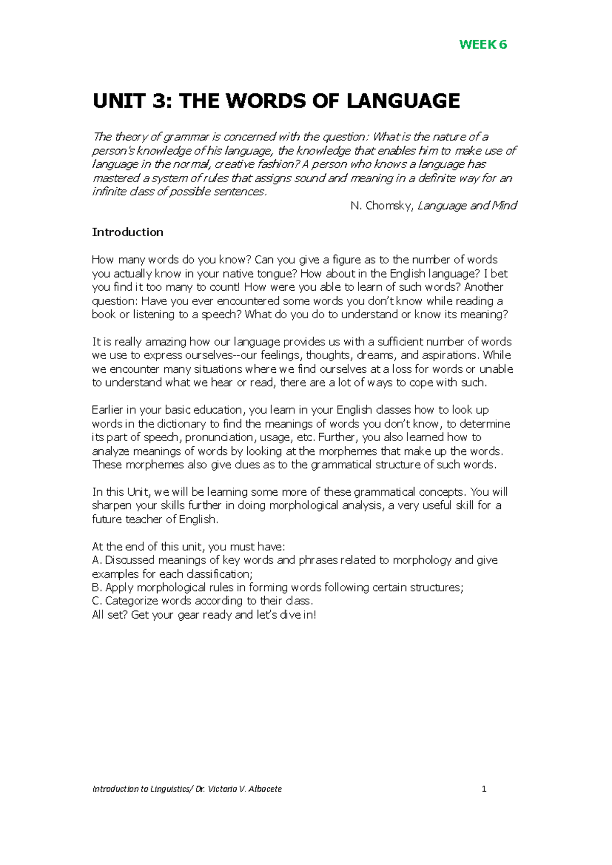 Introduction to Linguistics - LA001: Week 6 Lecture Notes on Morphology ...