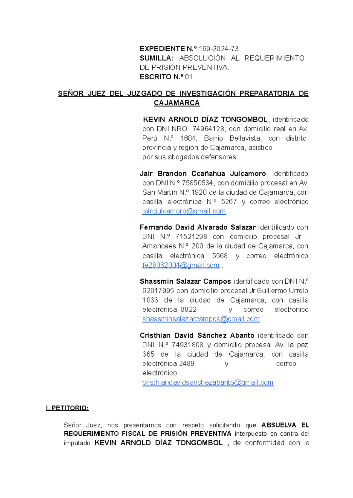 Absolución al Requerimiento de Prisión Preventiva - Caso Kevin Díaz - Document Preview