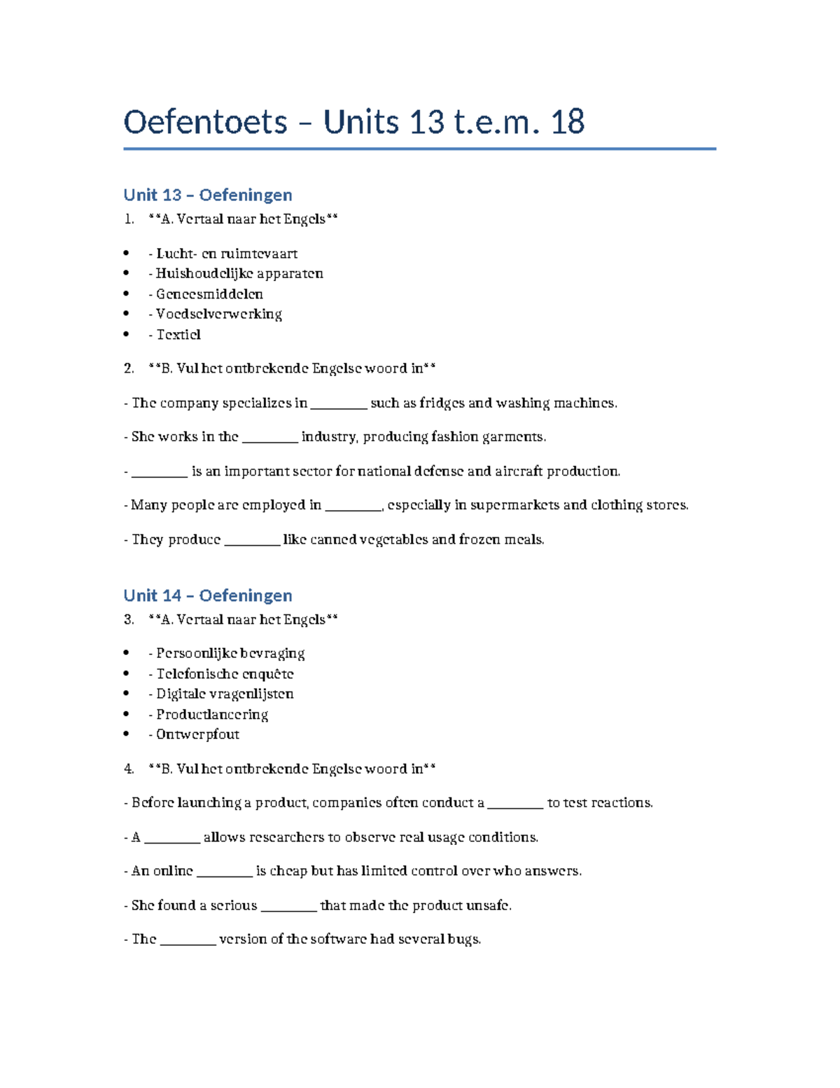 Oefentoets Units 13 t.e.m. 18: Vertalingen en Vulopdrachten - Studocu