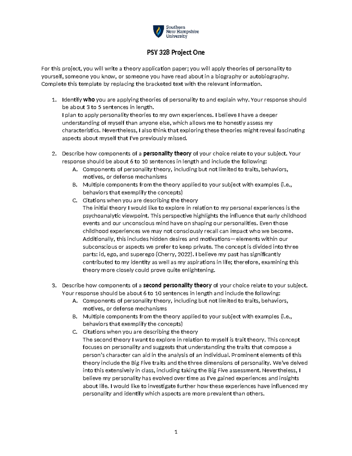 PSY 328 Project One: Applying Personality Theories to Self - Studocu
