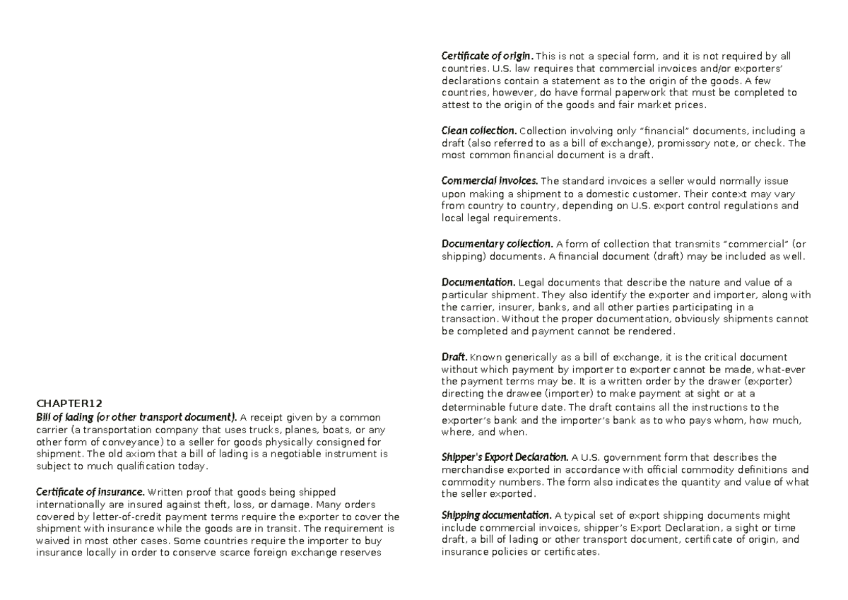 IBT Reviewer: Key Concepts in International Trade Documentation - Studocu