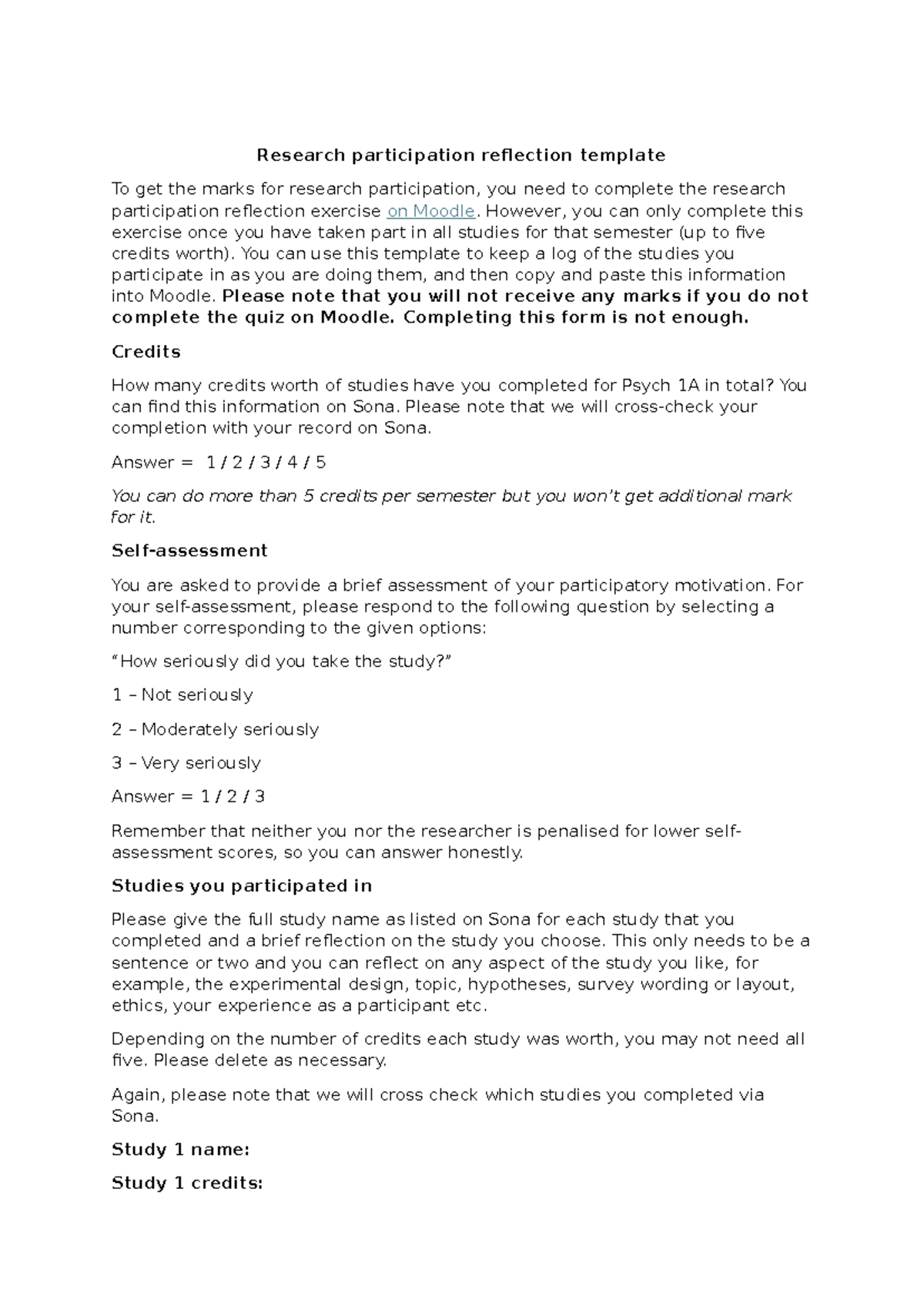 Psych 1A Research Participation Reflection Template 2025 - Studocu